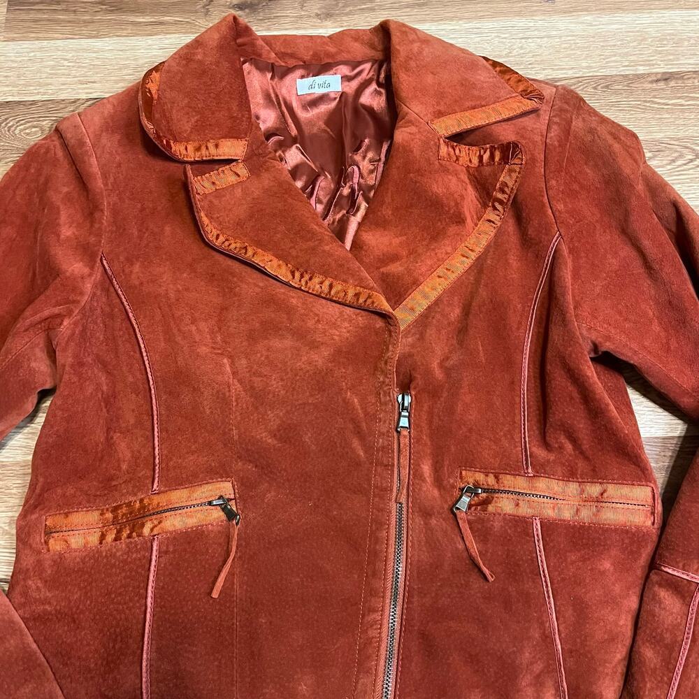 Di Vita Suede Moto Blazer Jacket Size 8 Burnt Orange - Picture 5 of 16